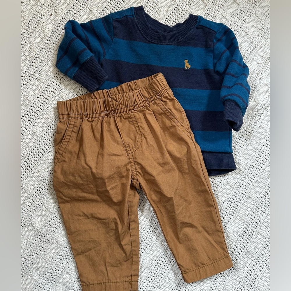 Carter's Navy and Teal Striped Sweater with Brown Pants